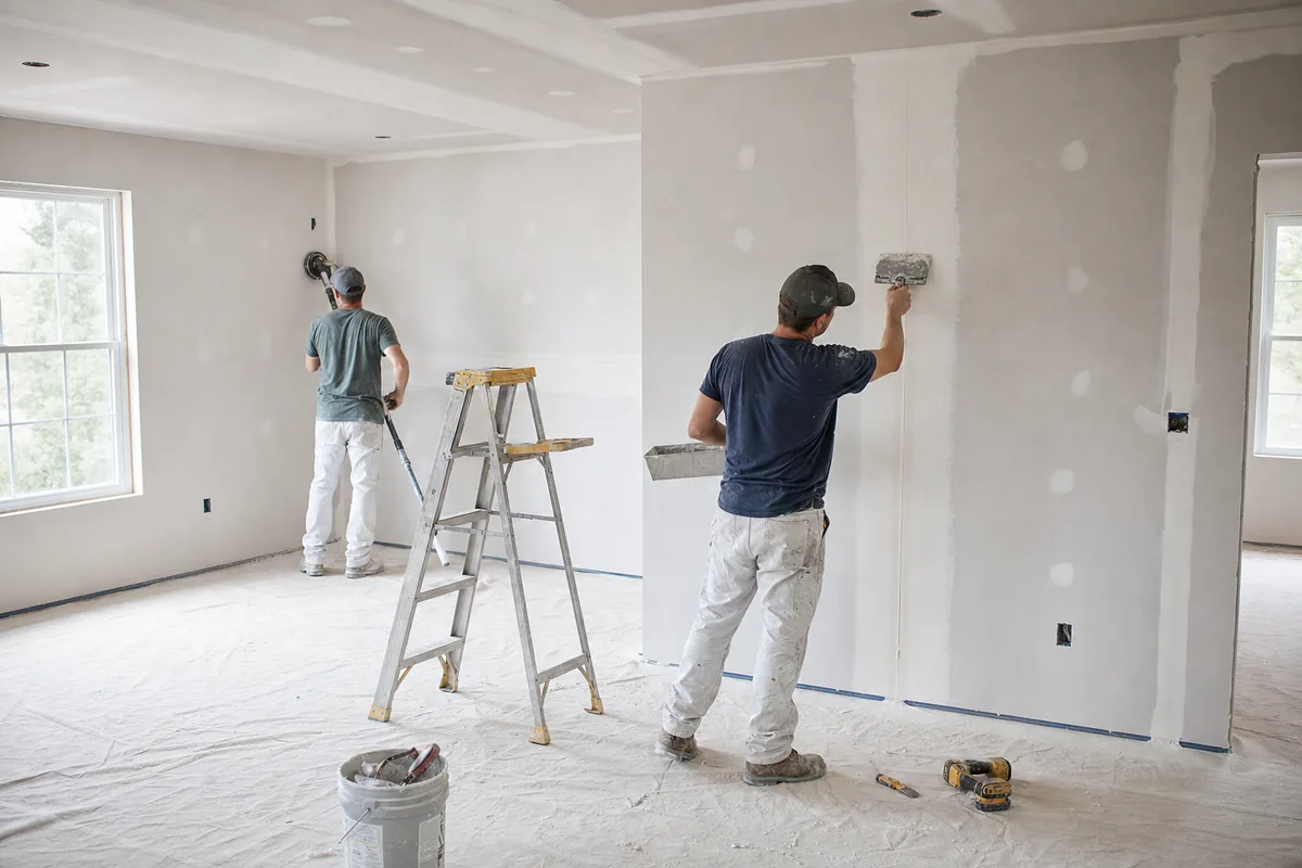 Two drywall workers taping and finishing a room