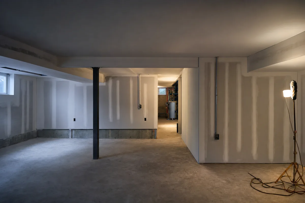 Basement with drywall hung on the foundation walls