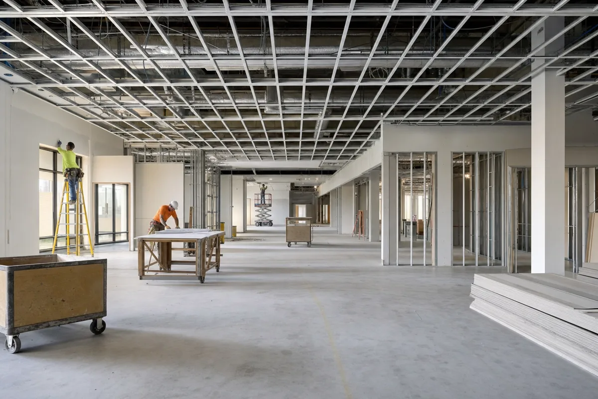 Commercial office space mid build-out with metal stud framing