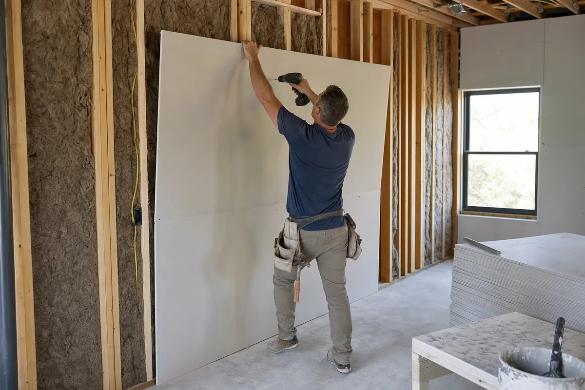 Lifting a drywall sheet into place against wall studs