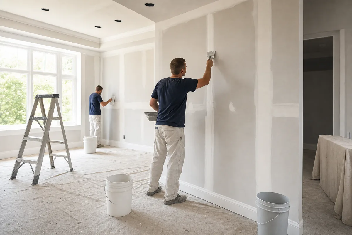 Drywall crew taping and finishing a room